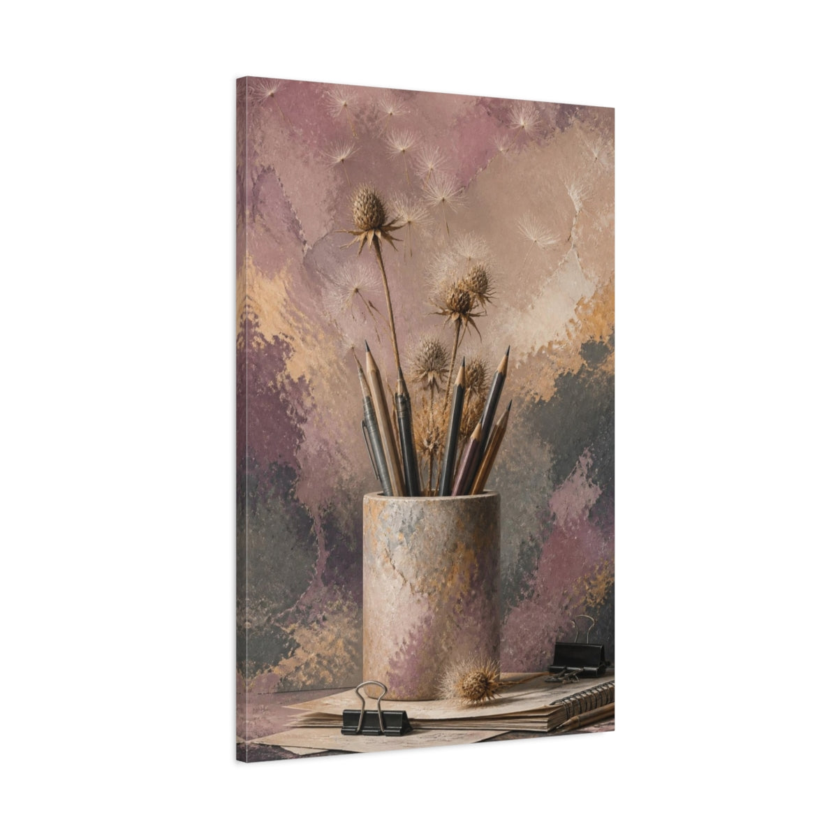Main Mockup. Office Thistle Still Life shown as canvas print