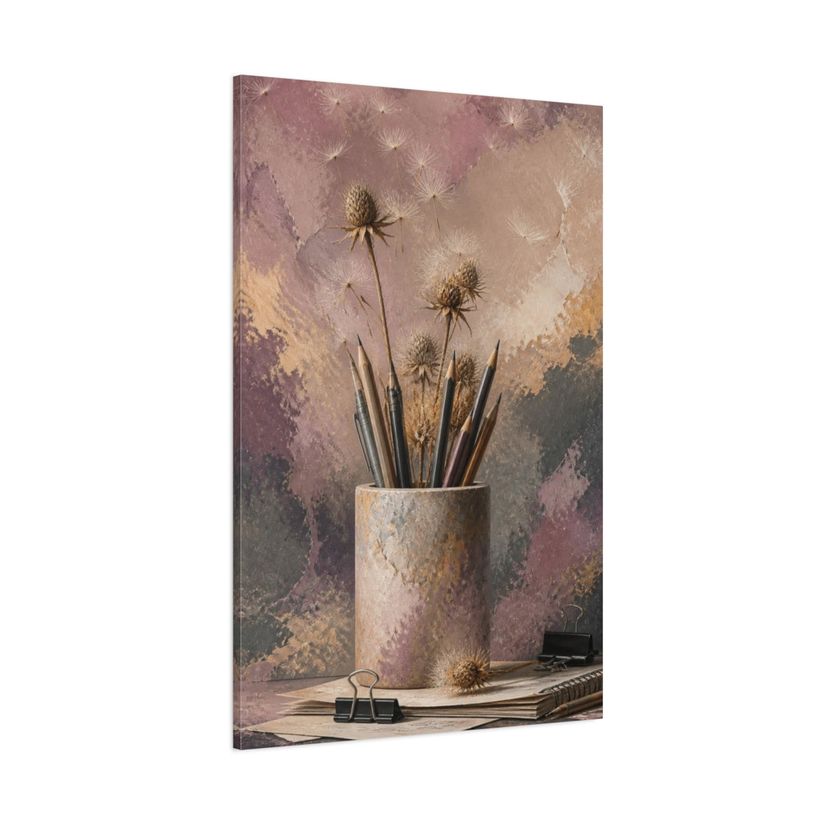 Side Mockup 1. Office Thistle Still Life shown as canvas print