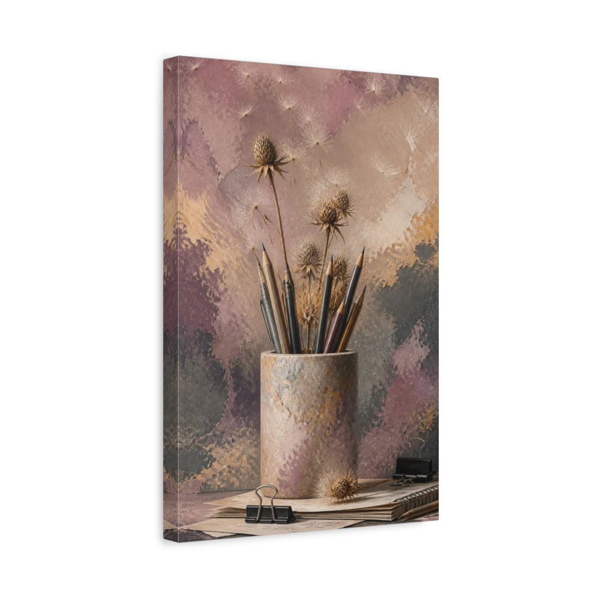 Side Mockup 4. Office Thistle Still Life shown as canvas print