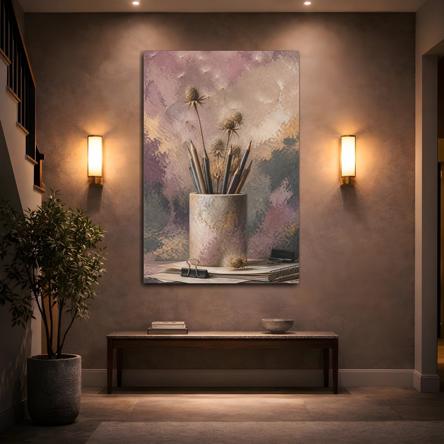 Mockup 2. Office Thistle Still Life shown as canvas print