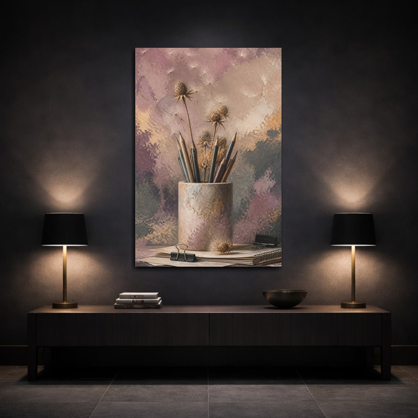 Mockup 3. Office Thistle Still Life shown as canvas print