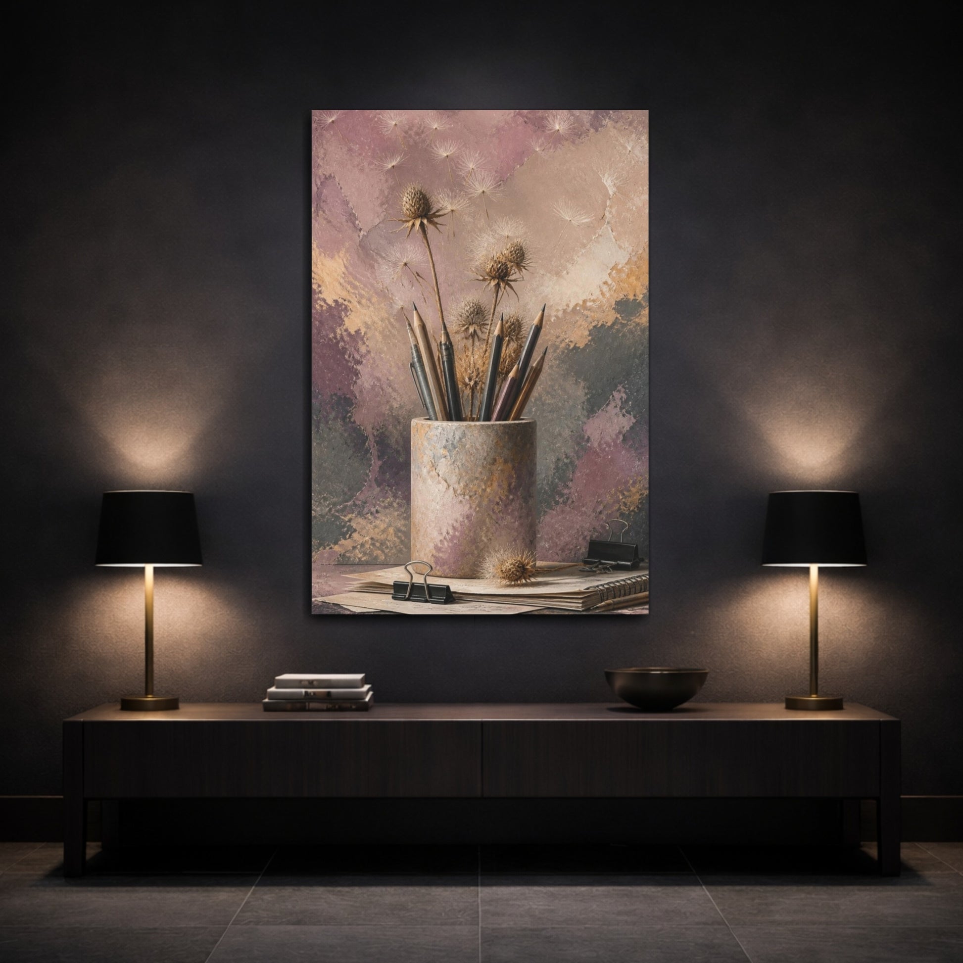 Mockup 3. Office Thistle Still Life shown as canvas print