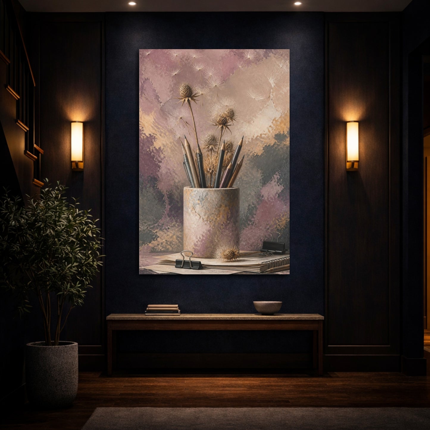 Mockup 4. Office Thistle Still Life shown as canvas print