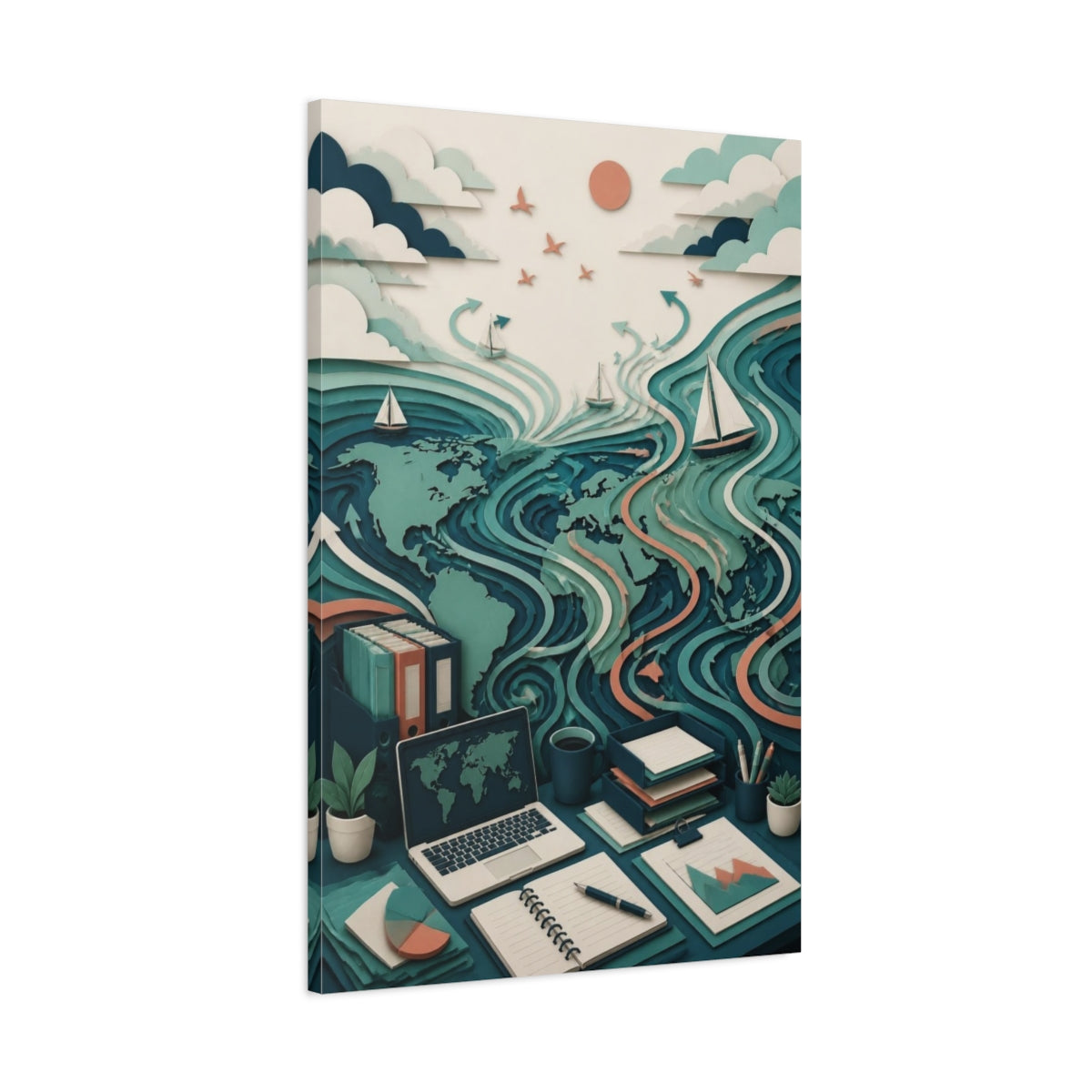 Main Mockup. Office World Map shown as canvas print