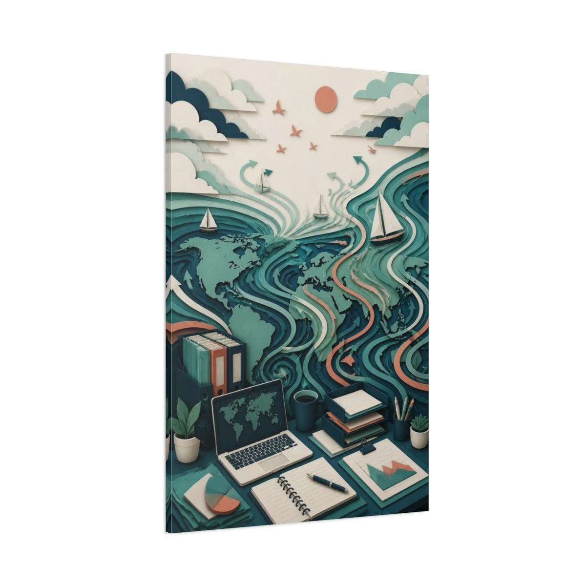 Side Mockup 1. Office World Map shown as canvas print