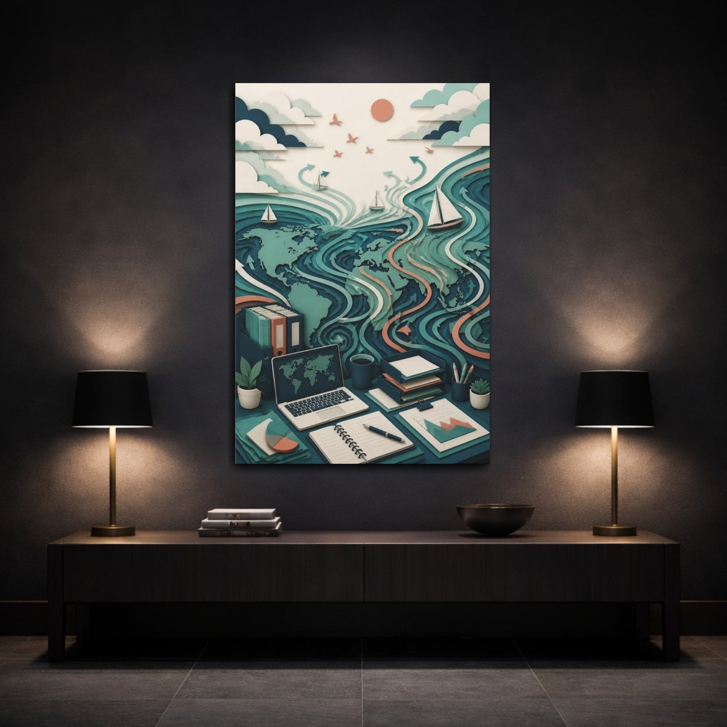 Mockup 3. Office World Map shown as canvas print