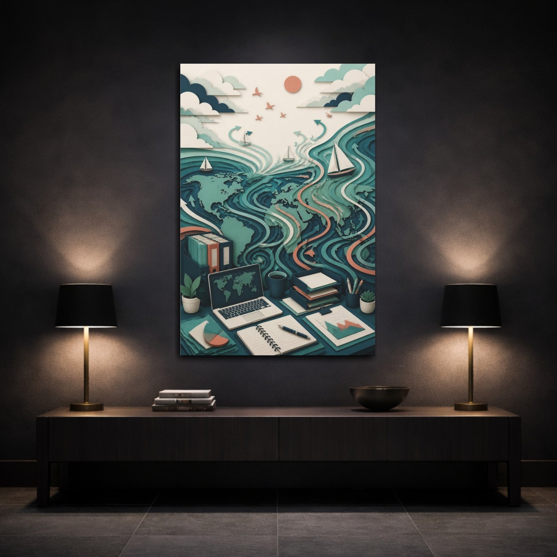 Mockup 3. Office World Map shown as canvas print