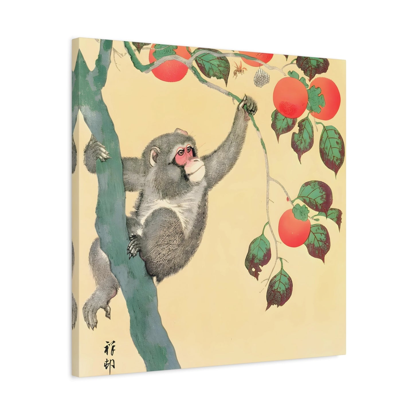 Ohara Koson Monkey Persimmon Tree - Square Canvas Wall Art Print