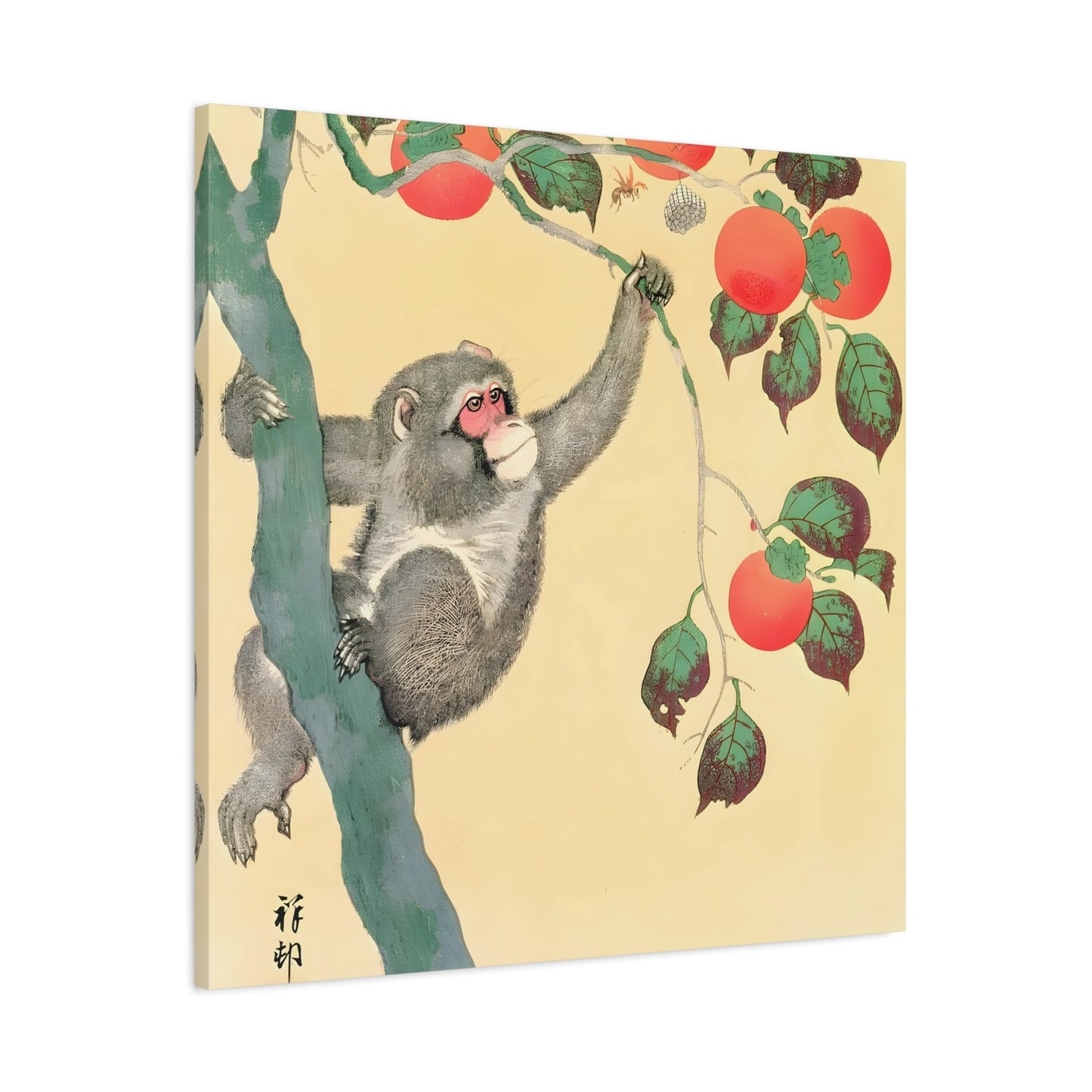 Ohara Koson Monkey Persimmon Tree - Square Canvas Wall Art Print