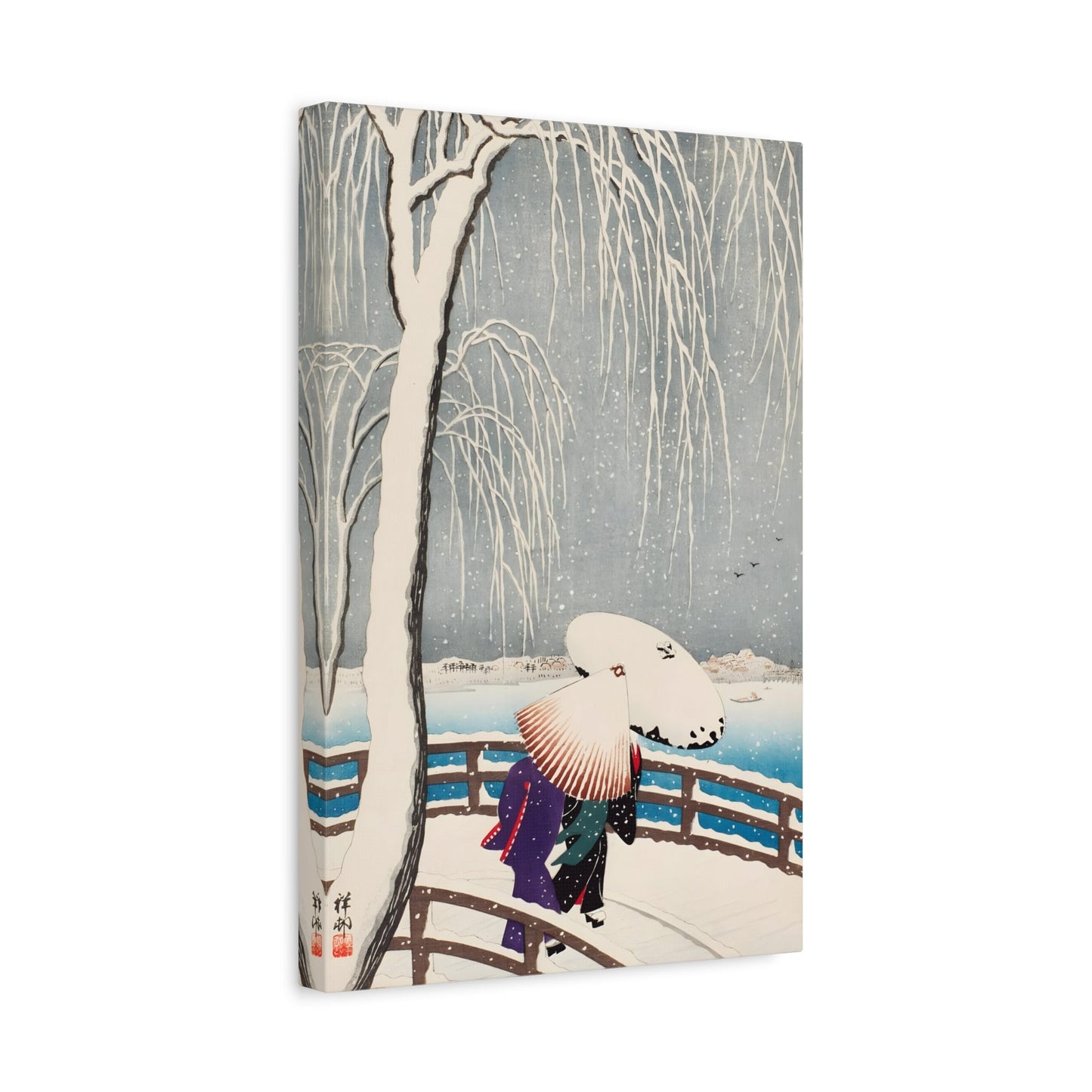 Ohara Koson Snow on Willow Bridge - Canvas Wall Art Print Reproduction