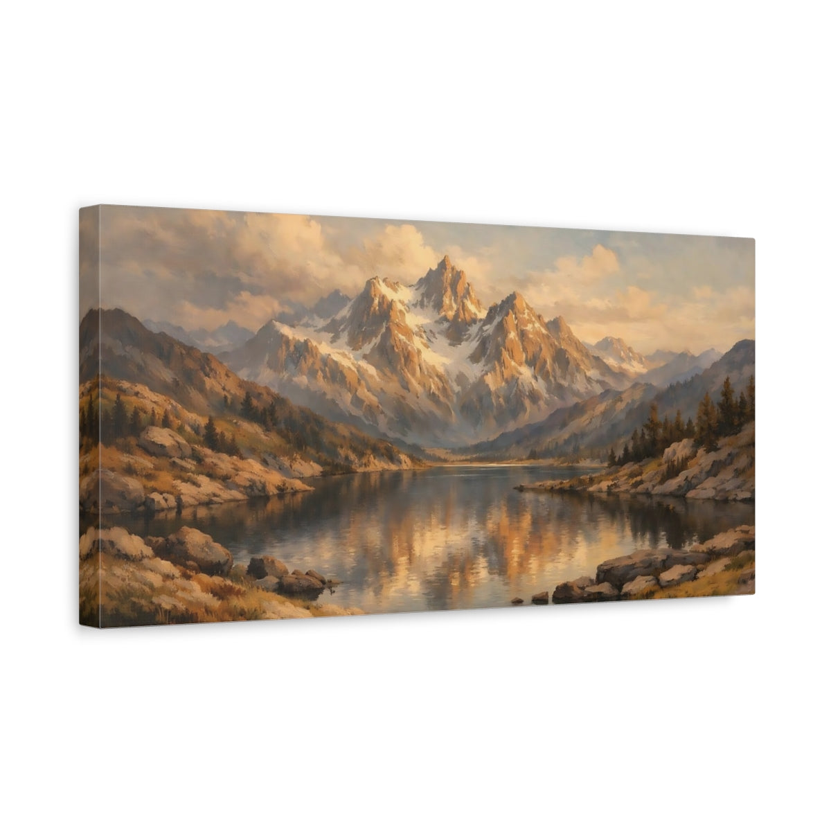 Side Mockup 3. Nature Mountain Lake Golden Mountain Lake shown as stretched canvas wall art