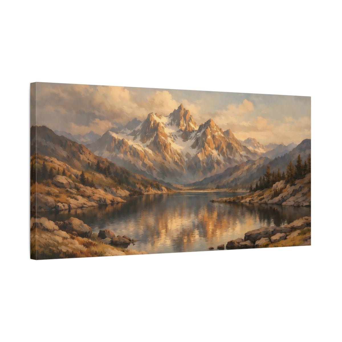 Side Mockup 2. Nature Mountain Lake Golden Mountain Lake shown as stretched canvas wall art