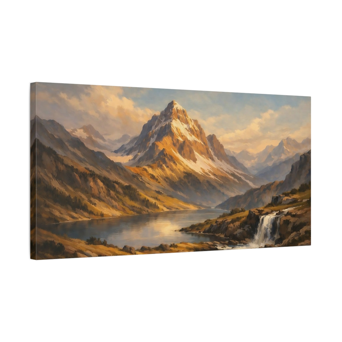 Side Mockup 2. Nature Mountain Landscape Golden Mountain Lake shown as stretched canvas wall art
