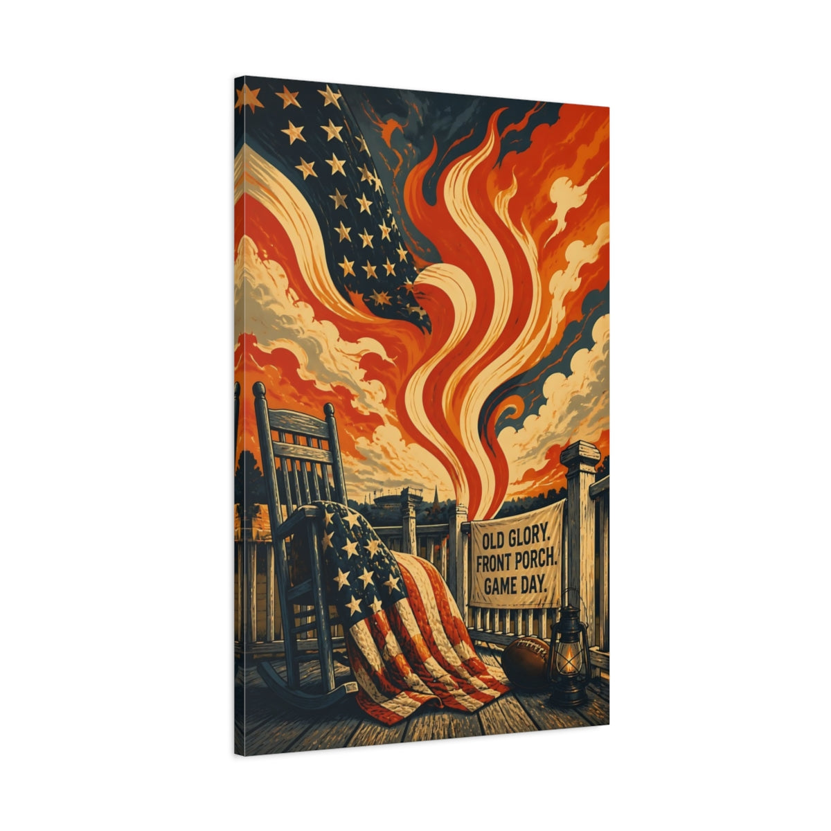 Main Mockup. Old Glory Porch Flag shown as canvas print