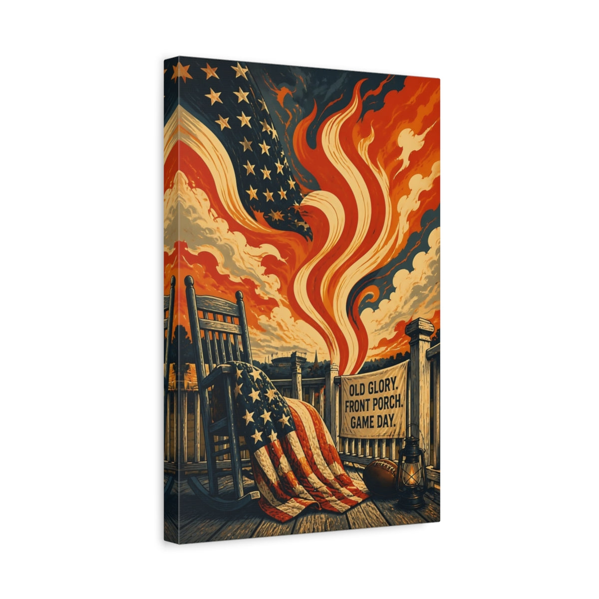 Side Mockup 4. Old Glory Porch Flag shown as canvas print