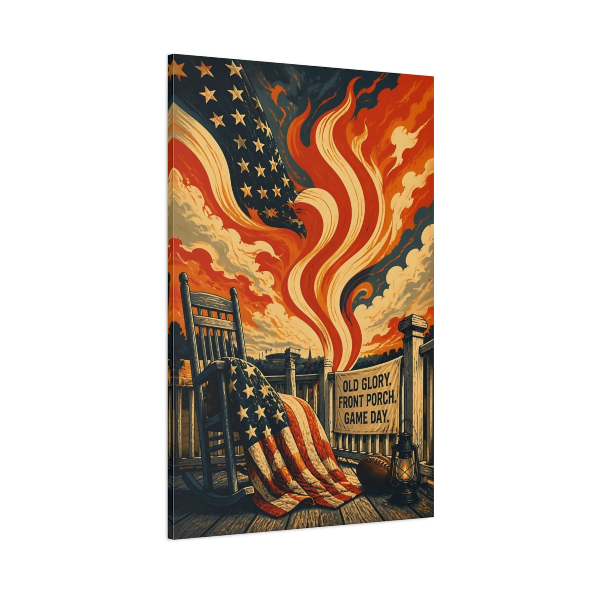 Side Mockup 1. Old Glory Porch Flag shown as canvas print