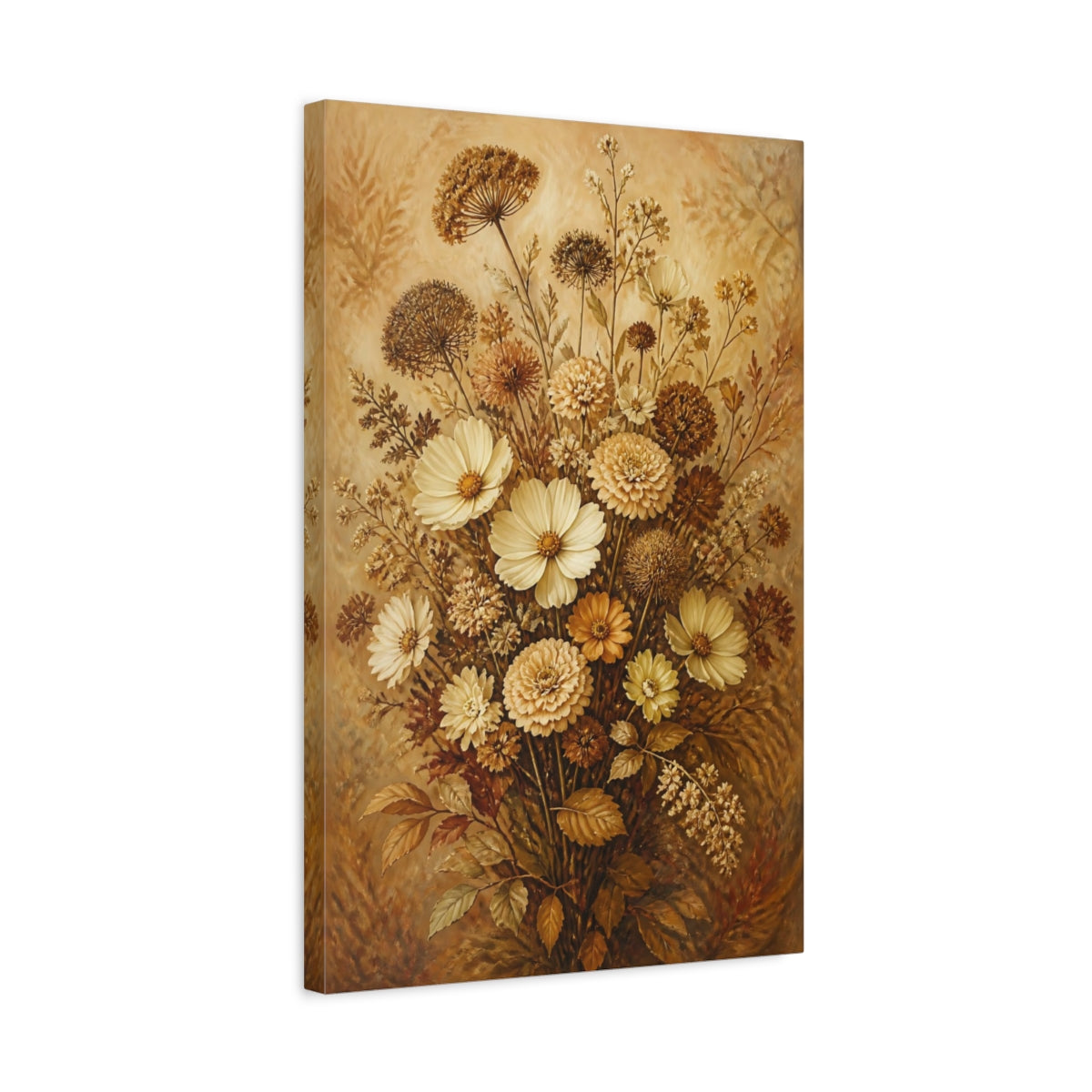 Side Mockup 3. Old-World Cream Flowers shown as canvas print