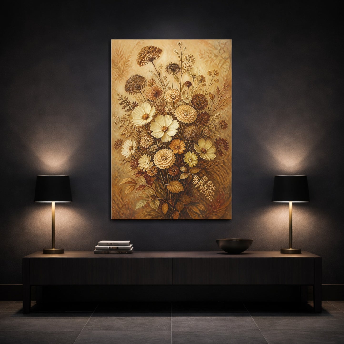 Mockup 3. Old-World Cream Flowers shown as canvas print