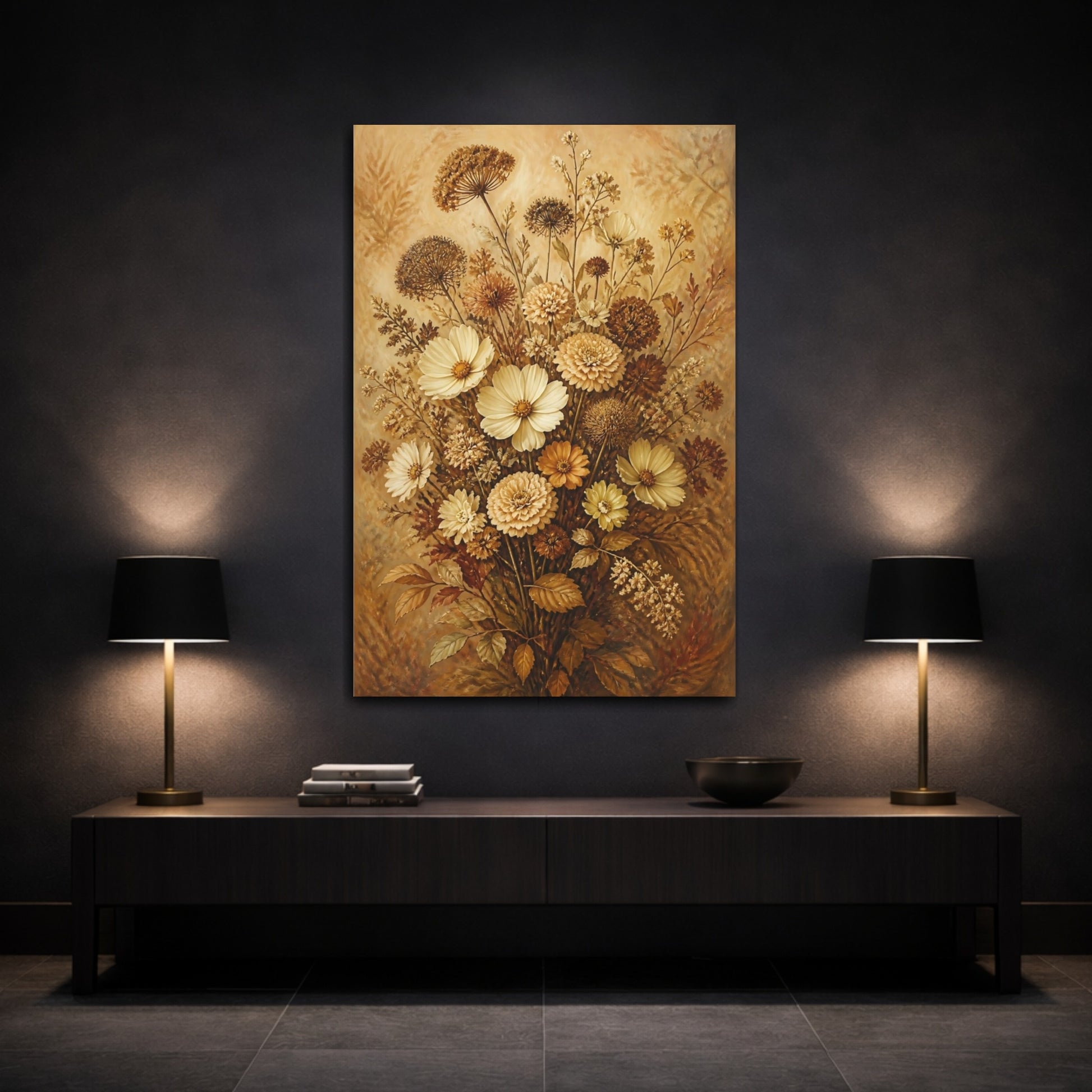 Mockup 3. Old-World Cream Flowers shown as canvas print