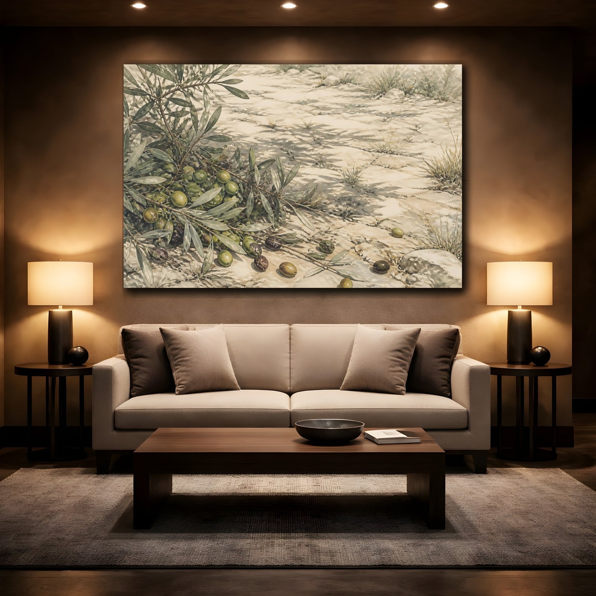 Mockup 2. Olive Branches On Stone shown as canvas print