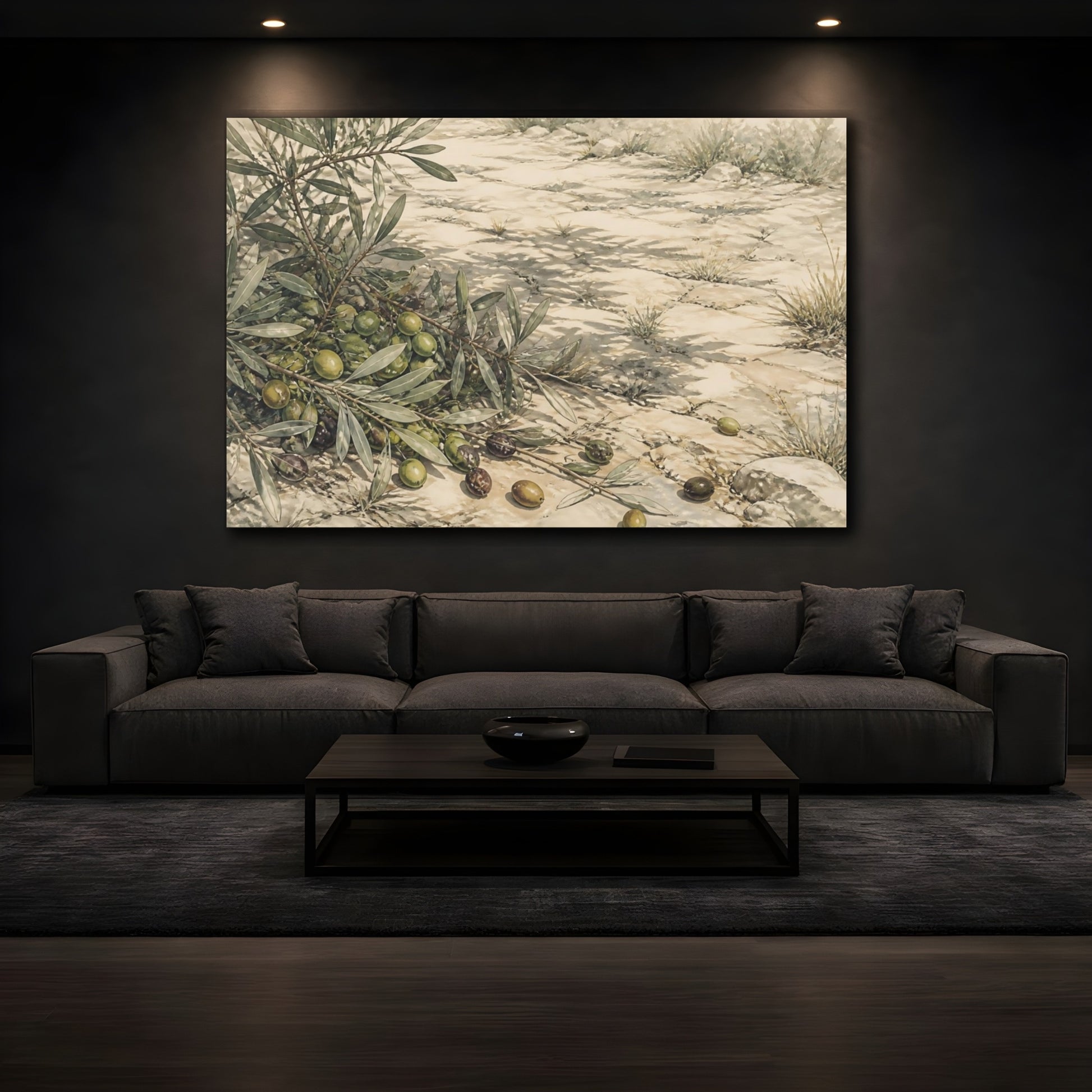 Mockup 3. Olive Branches On Stone shown as canvas print
