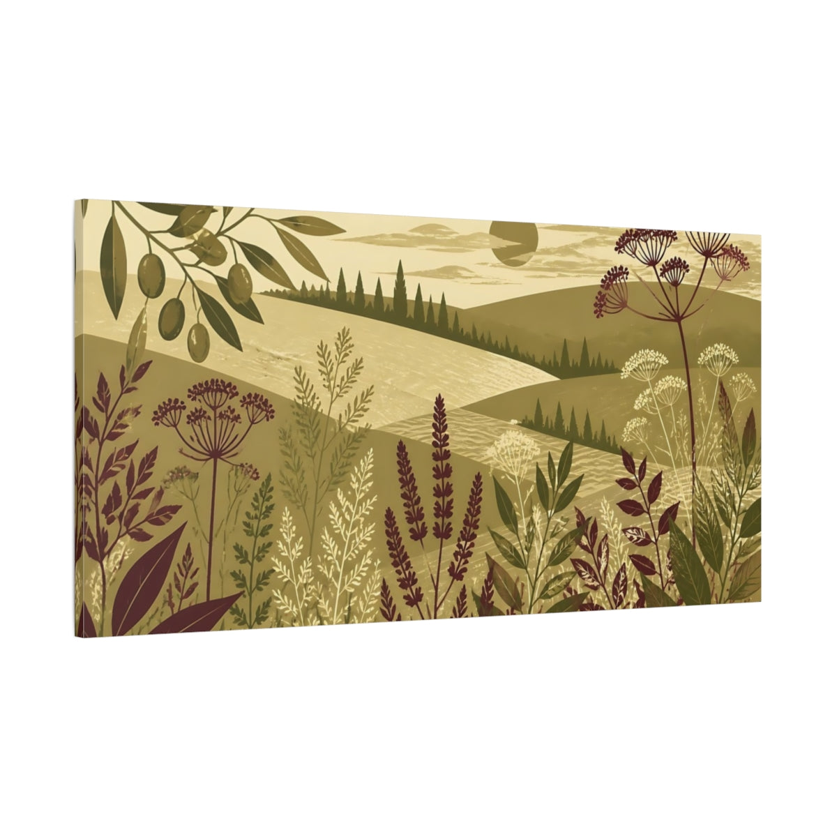 Side Mockup 2. Olive Meadow Landscape shown as canvas print