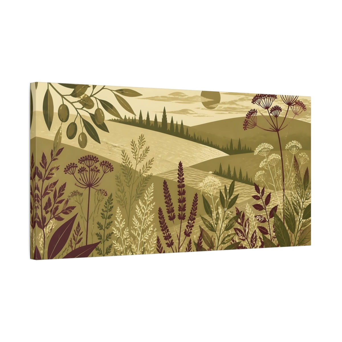 Side Mockup 1. Olive Meadow Landscape shown as canvas print