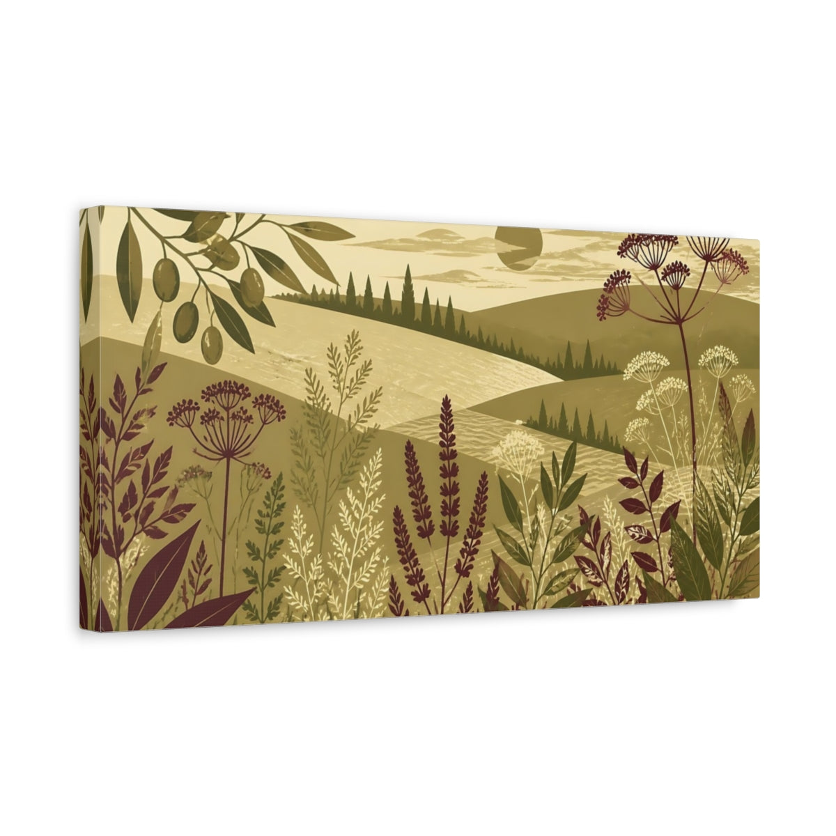 Side Mockup 3. Olive Meadow Landscape shown as canvas print