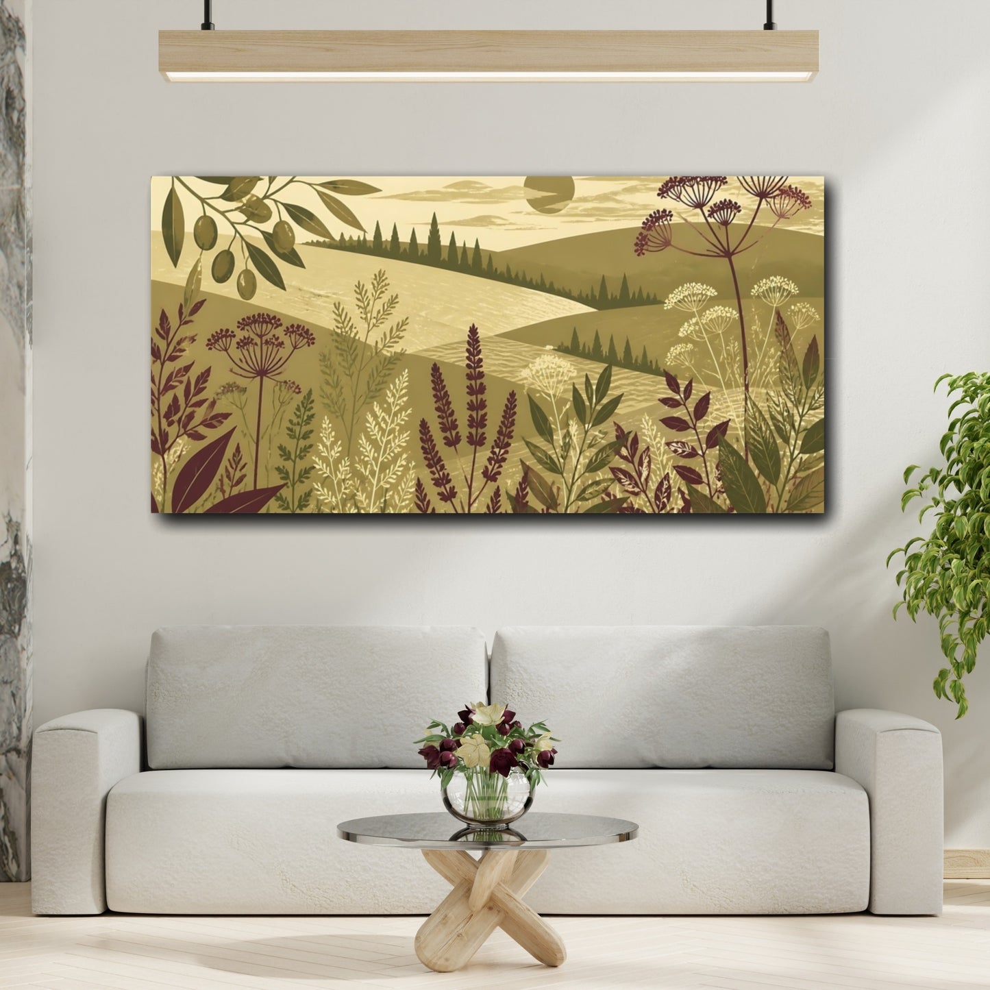 Mockup 2. Olive Meadow Landscape shown as canvas print
