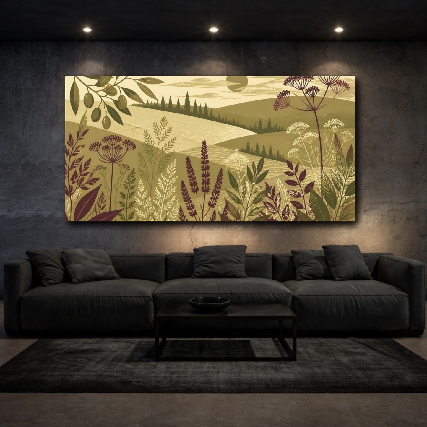Mockup 3. Olive Meadow Landscape shown as canvas print
