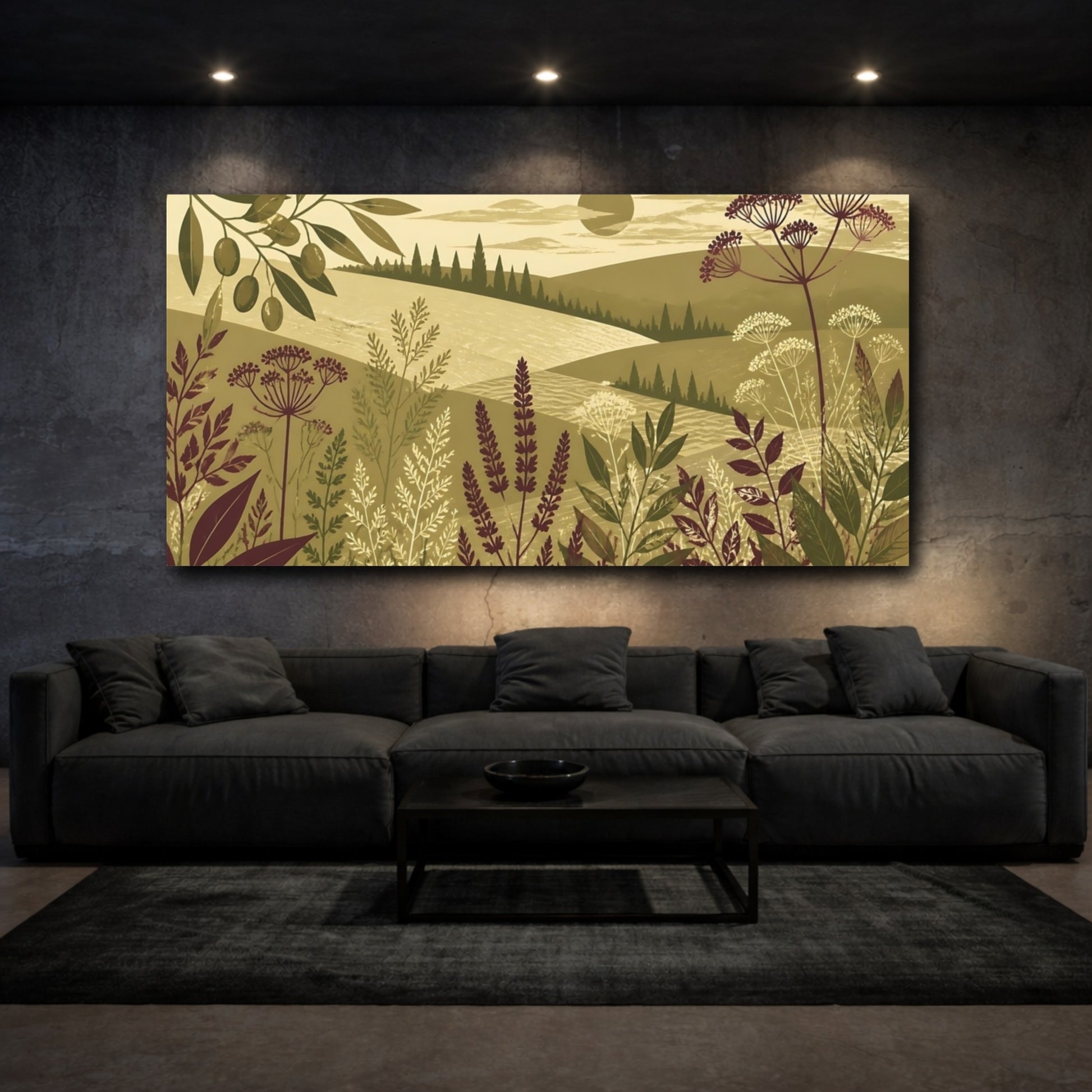 Mockup 3. Olive Meadow Landscape shown as canvas print