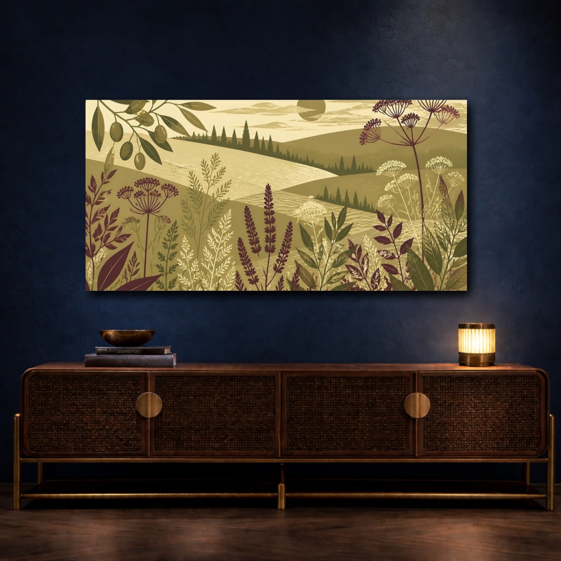 Mockup 4. Olive Meadow Landscape shown as canvas print