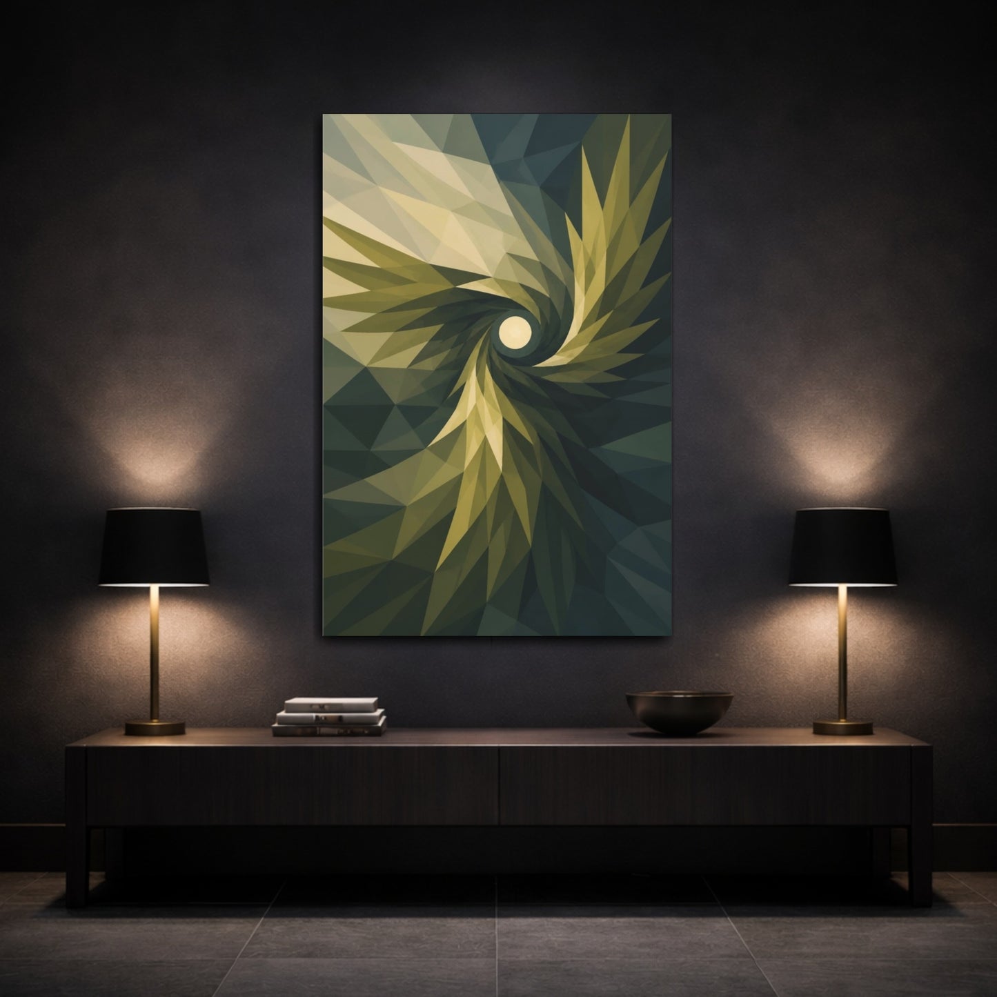 Mockup 3. Olive Wing Spiral shown as canvas print