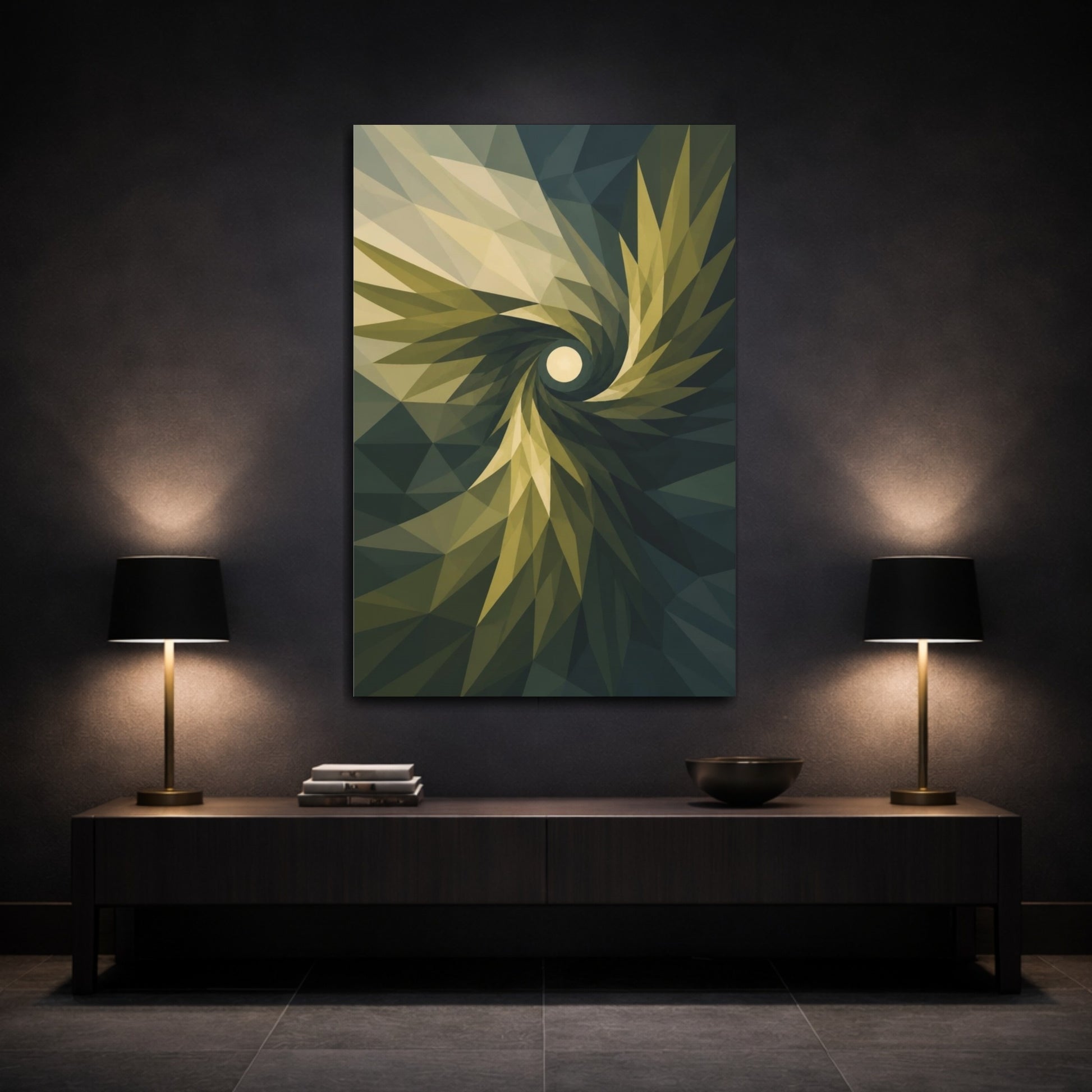 Mockup 3. Olive Wing Spiral shown as canvas print