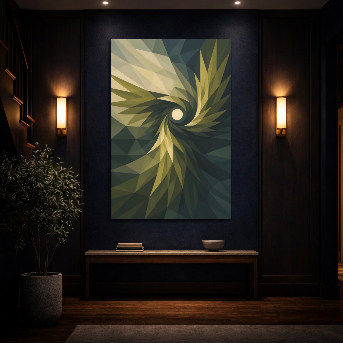 Mockup 4. Olive Wing Spiral shown as canvas print