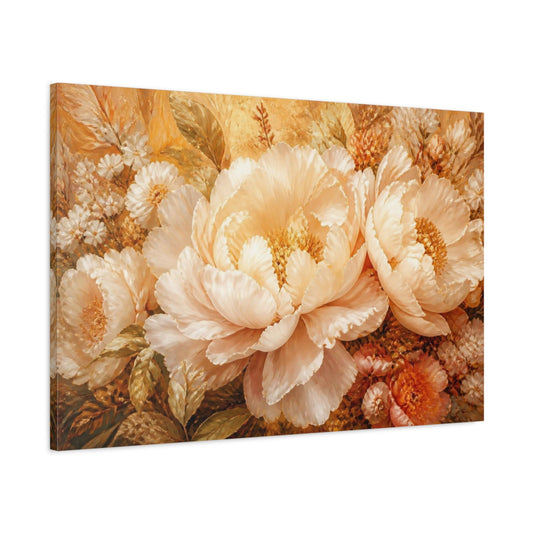 Main Mockup. Opulent Peach Peony Bloom shown as canvas print