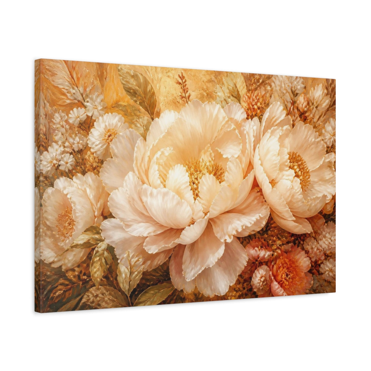 Side Mockup 2. Opulent Peach Peony Bloom shown as canvas print
