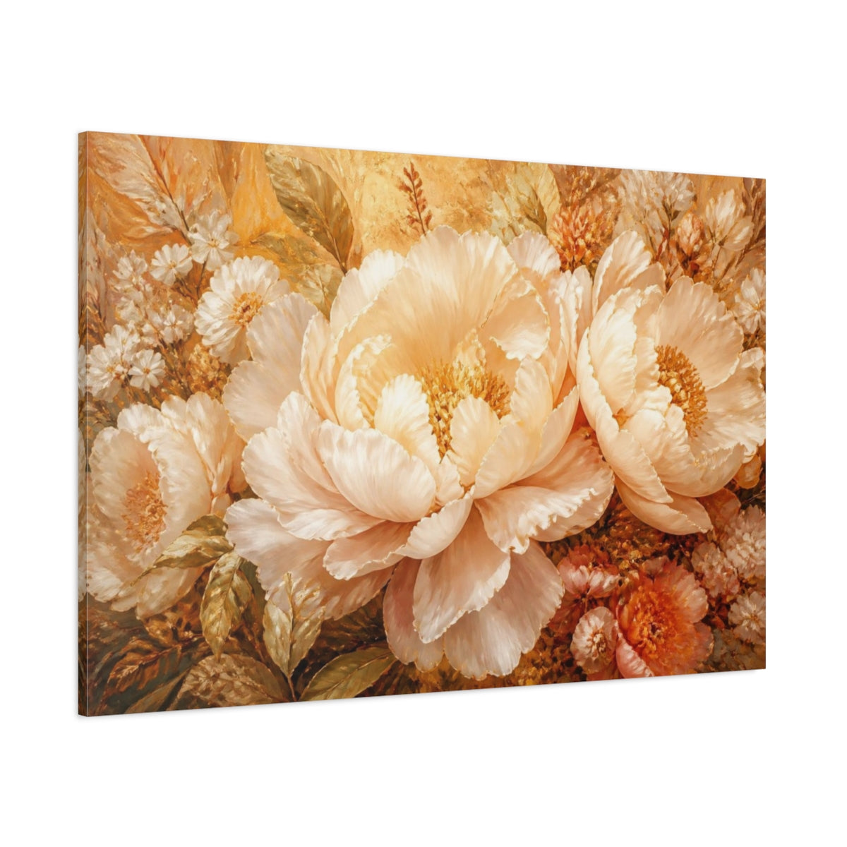 Side Mockup 1. Opulent Peach Peony Bloom shown as canvas print