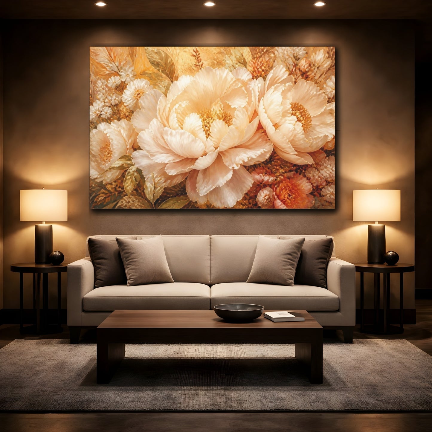 Mockup 2. Opulent Peach Peony Bloom shown as canvas print