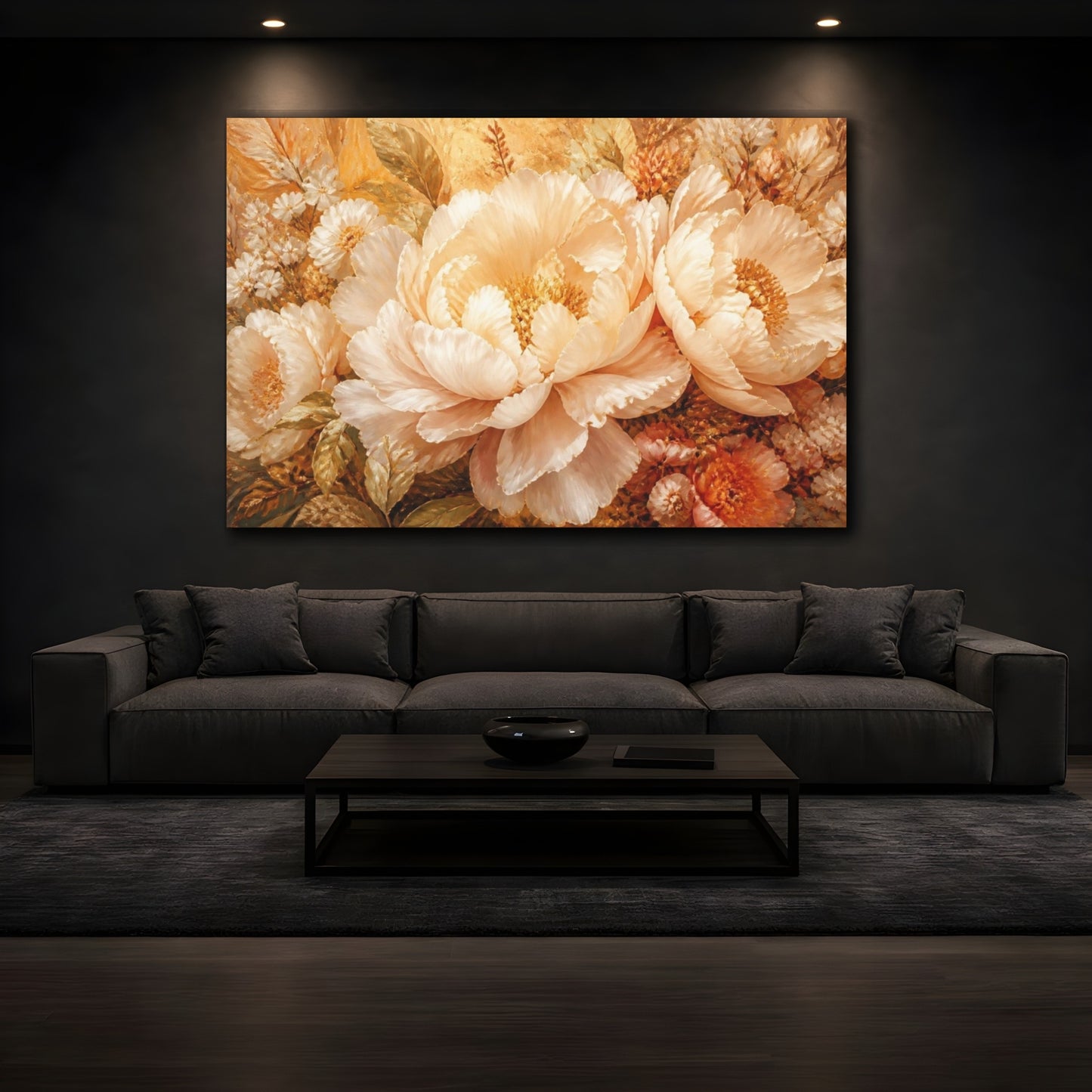 Mockup 3. Opulent Peach Peony Bloom shown as canvas print