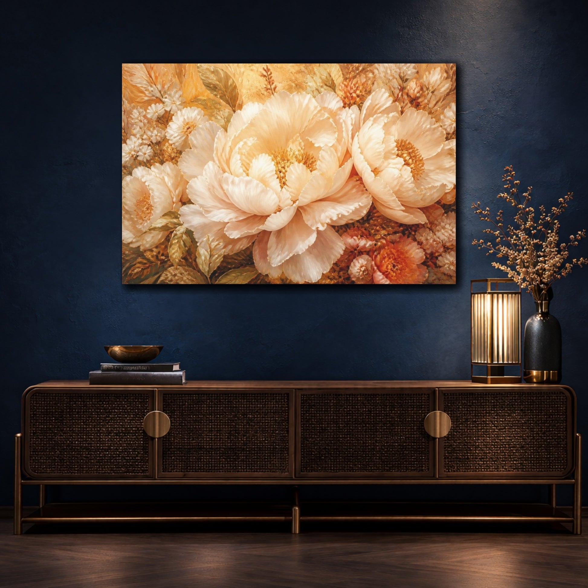 Mockup 4. Opulent Peach Peony Bloom shown as canvas print