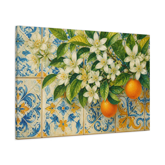 Main Mockup. Orange Blossom Tiles shown as canvas print