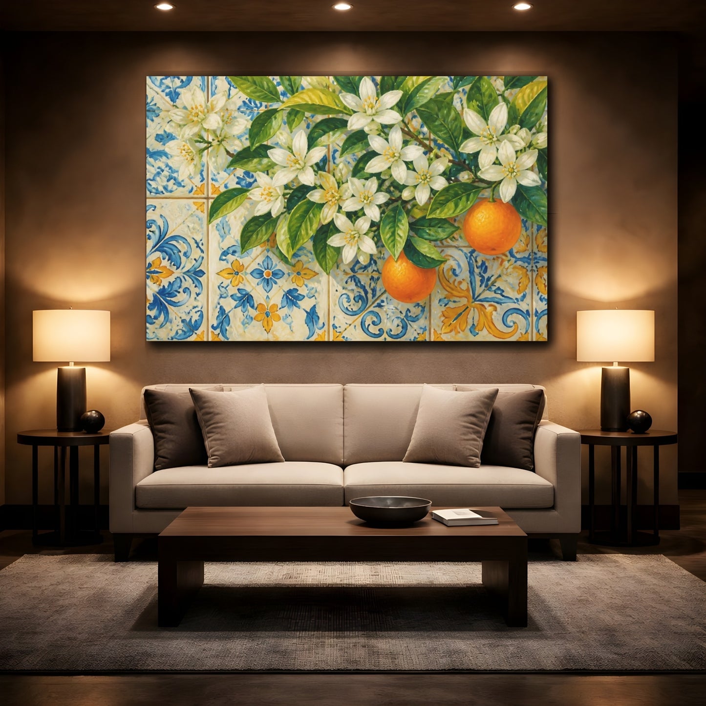 Mockup 2. Orange Blossom Tiles shown as canvas print