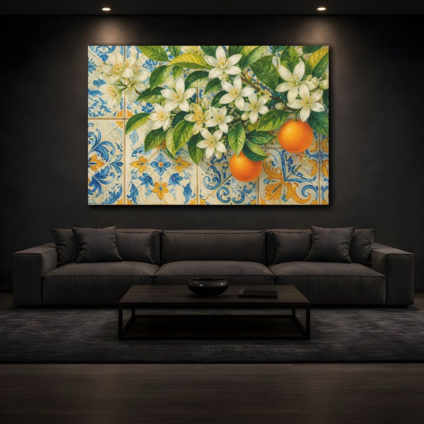 Mockup 3. Orange Blossom Tiles shown as canvas print
