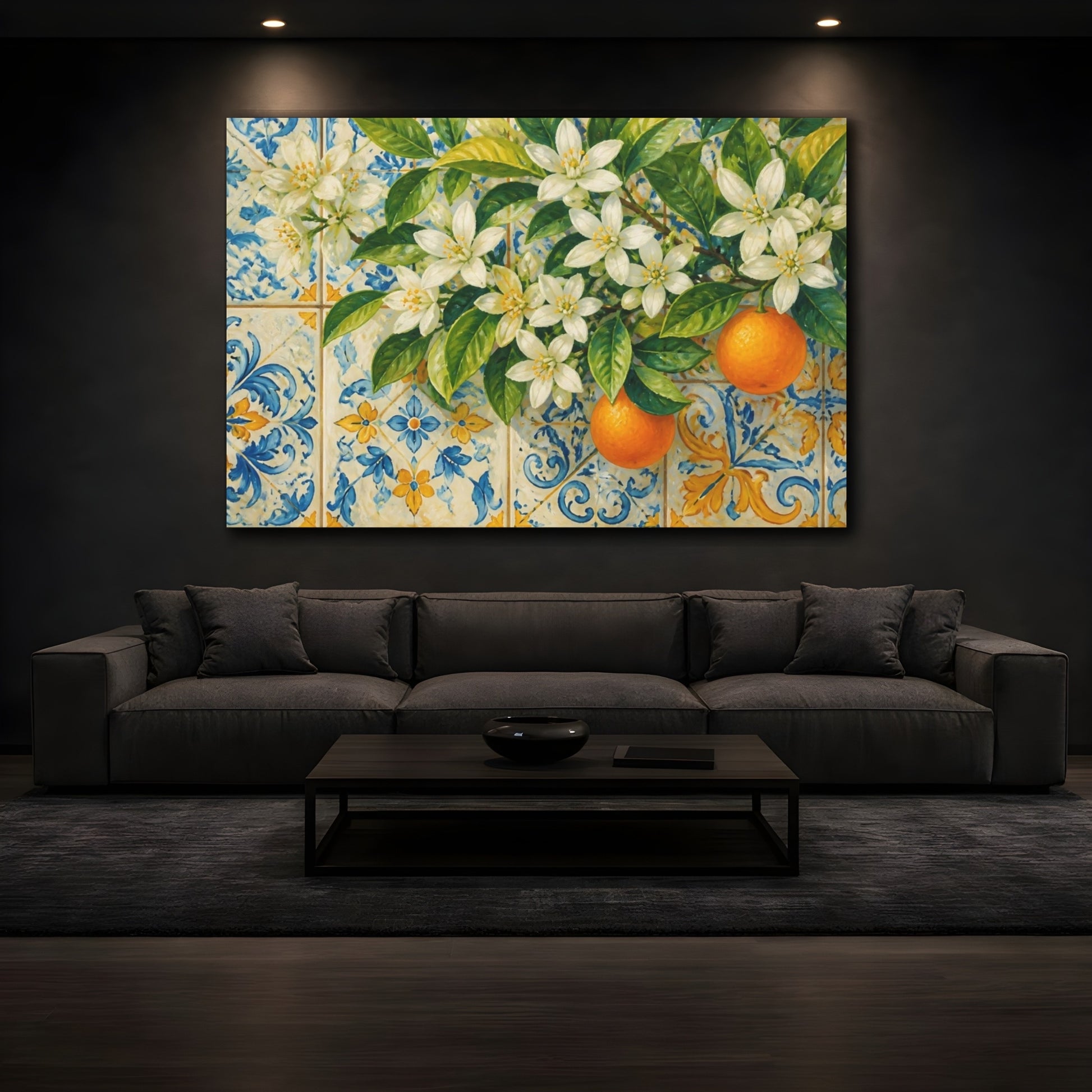 Mockup 3. Orange Blossom Tiles shown as canvas print