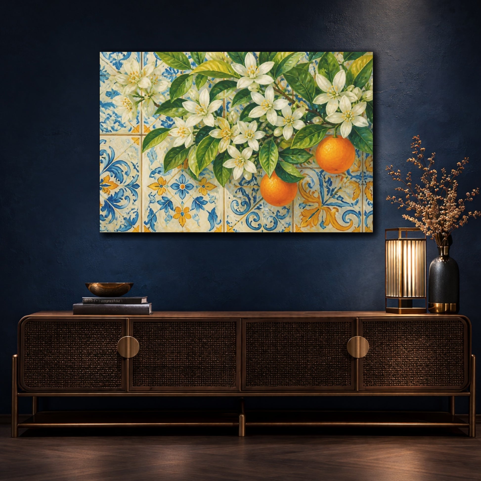 Mockup 4. Orange Blossom Tiles shown as canvas print