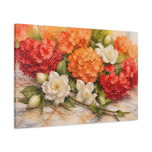 Main Mockup. Orange Hydrangea Flowers shown as canvas print