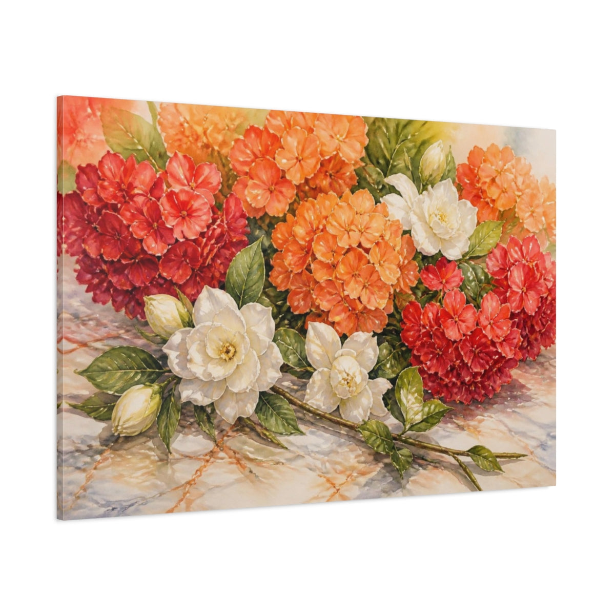 Side Mockup 1. Orange Hydrangea Flowers shown as canvas print