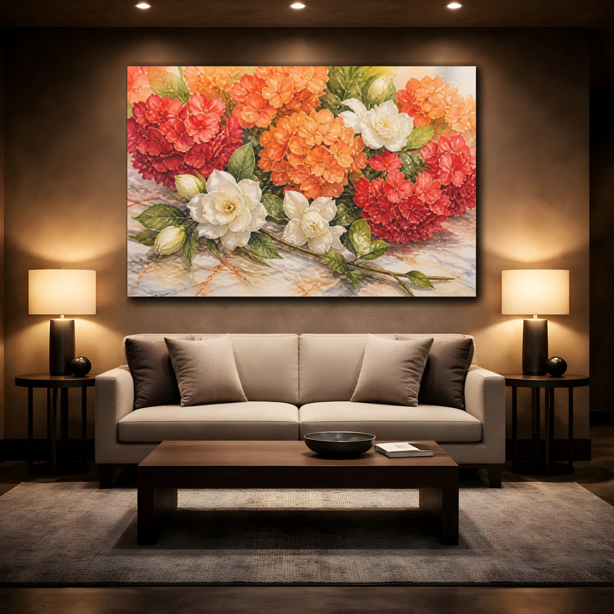 Mockup 2. Orange Hydrangea Flowers shown as canvas print