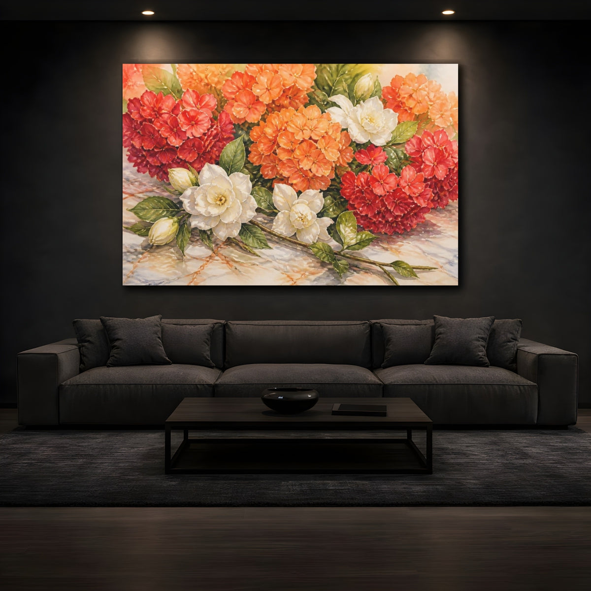 Mockup 3. Orange Hydrangea Flowers shown as canvas print